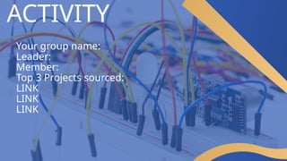 ACTIVITY
Your group name:
Leader:
Member:
Top 3 Projects sourced:
LINK
LINK
LINK
 
