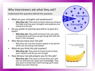 Why Interviewers ask what they ask? Understand the question behind the question . What are your strengths and weaknesses?   Why they ask:  They want to know what you bring to the table and how your strengths and weakness are relevant to the job  Do you prefer to work by yourself or as part of a team?  Why they ask:  They want to know if you can work unsupervised and if you can get along well with the team in the company.  Why did you leave your last job?  Why they ask: Can the reasons repeat in the job for which you are being interviewed What do you think this job involves?  Why they ask:  They want to know if you've done your research and do you are enough How did your last job prepare you for this job?  Why they ask:  They want to know what your skill sets are and how you apply your knowledge. They also want to know how much training you'll need. Before you start elivering 
