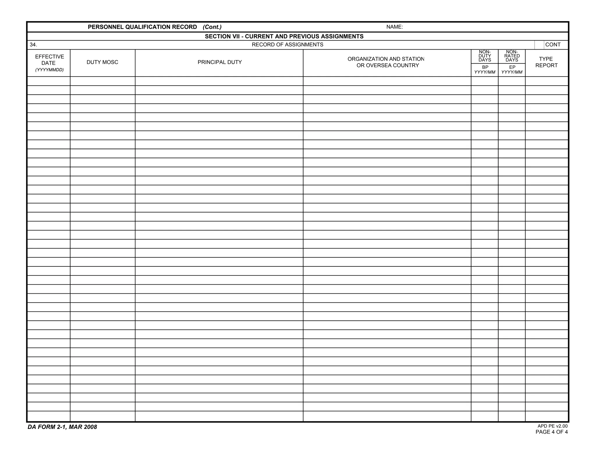PERSONNEL QUALIFICATION RECORD (Cont.)                                                NAME:
                                                   SECTION VII - CURRENT AND PREVIOUS ASSIGNMENTS
34.                                                               RECORD OF ASSIGNMENTS                                                       CONT
                                                                                                                        NON-       NON-
  EFFECTIVE                                                                                                             DUTY      RATED
                                                                                            ORGANIZATION AND STATION    DAYS      DAYS      TYPE
    DATE         DUTY MOSC                       PRINCIPAL DUTY
                                                                                              OR OVERSEA COUNTRY          BP        EP     REPORT
  (YYYYMMDD)
                                                                                                                       YYYY/MM   YYYY/MM




DA FORM 2-1, MAR 2008                                                                                                                      APD PE v2.00
                                                                                                                                           PAGE 4 OF 4
 