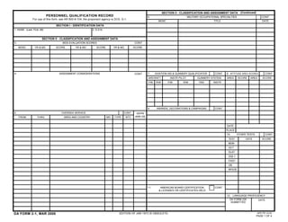 SECTION II - CLASSIFICATION AND ASSIGNMENT DATA (Continued)
                            PERSONNEL QUALIFICATION RECORD                                              6.                             MILITARY OCCUPATIONAL SPECIALTIES                    CONT
               For use of this form, see AR 600-8-104; the proponent agency is DCS, G-1.
                                                                                                                MOSC                                    TITLE                                DATE
                                 SECTION I - IDENTIFICATION DATA
1. NAME (Last, First, MI)                                    2. S.S.N.


                       SECTION II - CLASSIFICATION AND ASSIGNMENT DATA
3.                                    MOS EVALUATION SCORES                                   CONT
     MOSC        YR & MO        SCORE           YR & MO         SCORE         YR & MO         SCORE




4.                                 ASSIGNMENT CONSIDERATIONS                                  CONT      7.    AVIATION ASI & GUNNERY QUALIFICATION       CONT    8. APTITUDE AREA SCORES       CONT
                                                                                                        AIRCRAFT         INSTR PILOT         GUNNERY SYSTEM      AREA      SCORE   AREA      SCORE
                                                                                                        F/W   R/W      F/W        R/W         TNG       INSTR




                                                                                                        9.     AWARDS, DECORATIONS & CAMPAIGNS           CONT
5.                                   OVERSEA SERVICE                                 CONT       DEPN
     FROM          THRU                AREA AND COUNTRY                  MO   TYPE      NTC    ARR OS


                                                                                                                                                                 DATE
                                                                                                                                                                 PLACE
                                                                                                                                                                 10.       OTHER TESTS         CONT
                                                                                                                                                                  TEST          DATE         SCORE
                                                                                                                                                                  MDB-
                                                                                                                                                                  OCT
                                                                                                                                                                  DLAT
                                                                                                                                                                  OQI-1
                                                                                                                                                                  FAST-
                                                                                                                                                                  OB
                                                                                                                                                                  WOCB




                                                                                                        11.      AMERICAN BOARD CERTIFICATION            CONT
                                                                                                                & LICENSES OR CERTIFICATES HELD

                                                                                                                                                                 12. LANGUAGE PROFICIENCY
                                                                                                                                                                   DA FORM 330       DATE
                                                                                                                                                                    SUBMITTED



DA FORM 2-1, MAR 2008                                                             EDITION OF JAN 1973 IS OBSOLETE.                                                                       APD PE v2.00
                                                                                                                                                                                         PAGE 1 OF 4
 