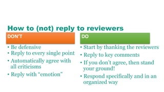 How to (not) reply to reviewers
DON’T
• Be defensive
• Reply to every single point
• Automatically agree with
all criticisms
• Reply with “emotion”
DO
• Start by thanking the reviewers
• Reply to key comments
• If you don’t agree, then stand
your ground!
• Respond specifically and in an
organized way
 