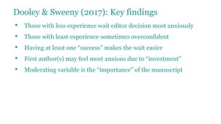 Dooley & Sweeny (2017): Key findings
• Those with less experience wait editor decision most anxiously
• Those with least experience sometimes overconfident
• Having at least one “success” makes the wait easier
• First author(s) may feel most anxious due to “investment”
• Moderating variable is the “importance” of the manuscript
 
