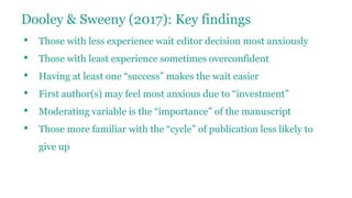 Dooley & Sweeny (2017): Key findings
• Those with less experience wait editor decision most anxiously
• Those with least experience sometimes overconfident
• Having at least one “success” makes the wait easier
• First author(s) may feel most anxious due to “investment”
• Moderating variable is the “importance” of the manuscript
• Those more familiar with the “cycle” of publication less likely to
give up
 