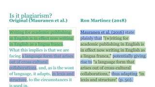Is it plagiarism?
Original (Mauranen et al.)
Writing for academic publishing
in English is in effect now writing
in English as a lingua franca.
What this implies is that we are
facing a language form that arises
out of cross-cultural
collaborations, and, as is the wont
of language, it adapts, in lexis and
structure, to the circumstances it
Ron Martinez (2018)
Mauranen et al. (2016) state
plainly that "(w)riting for
academic publishing in English is
in effect now writing in English as
a lingua franca,” potentially giving
rise to “a language form that
arises out of cross-cultural
collaborations,” thus adapting “in
lexis and structure” (p. 50).
 