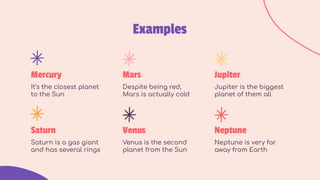 Examples
Mercury
It’s the closest planet
to the Sun
Mars
Despite being red,
Mars is actually cold
Saturn
Saturn is a gas giant
and has several rings
Venus
Venus is the second
planet from the Sun
Jupiter
Jupiter is the biggest
planet of them all
Neptune
Neptune is very far
away from Earth
 