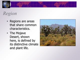 Region
 • Regions are areas
   that share common
   characteristics.
 • The Mojave
   Desert, shown
   here, is defined by
   its distinctive climate
   and plant life.
 