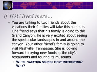 If YOU lived there…
 • You are talking to two friends about the
   vacations their families will take this summer.
   One friend says that his family is going to the
   Grand Canyon. He is very excited about seeing
   the spectacular landscapes in and around the
   canyon. Your other friend’s family is going to
   visit Nashville, Tennessee. She is looking
   forward to trying new foods at the city’s
   restaurants and touring its museums.
    • WHICH VACATION SOUNDS MOST INTERESTING?
     WHY?
 
