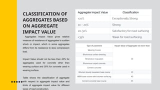 CLASSIFICATION OF
AGGREGATES BASED
ON AGGREGATE
IMPACT VALUE
Aggregates Impact Value gives relative
measure of resistance of aggregates to sudden
shock or impact, which in some aggregates
differs from its resistance to slow compression
load.
Impact Value should not be less than 45% for
aggregates used for concrete other than
wearing surface and 30% for concrete used in
wearing surface.
Table shows the classification of aggregate
with respect to aggregate impact value and
limits of aggregate impact value for different
types of road construction.
 