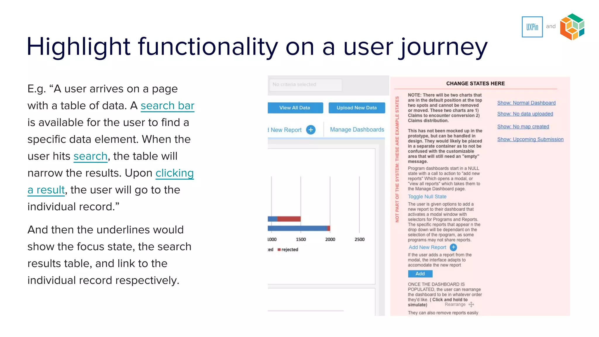 Reuse elements
(links, triggers, toggles, etc.)
When it makes sense, you can repeat elements in your off screen documentation.
Best used to reinforce functionality for elements that UXPin doesn’t let you clearly pin.
Modals MultistatesHidden elements
 