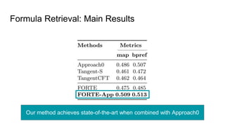 Formula Retrieval: Main Results
Our method achieves state-of-the-art when combined with Approach0
 