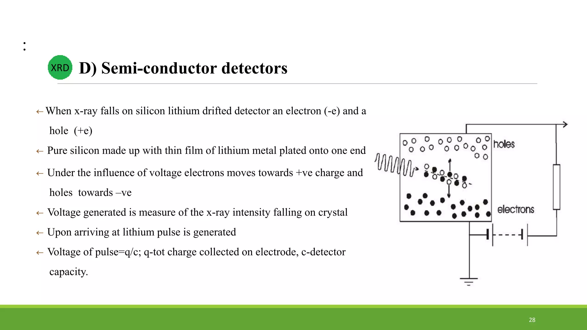 :
 When x-ray falls on silicon lithium drifted detector an electron (-e) and a
hole (+e)
 Pure silicon made up with thin film of lithium metal plated onto one end
 Under the influence of voltage electrons moves towards +ve charge and
holes towards –ve
 Voltage generated is measure of the x-ray intensity falling on crystal
 Upon arriving at lithium pulse is generated
 Voltage of pulse=q/c; q-tot charge collected on electrode, c-detector
capacity.
XRD D) Semi-conductor detectors
28
 