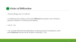 Order of Diffraction
Rewrite Bragg’s law λ=2 sin d/n
A reflection of any order as a first order Diffraction from planes, real or fictitious,
spaced at a distance 1/n of the previous spacing.
Set d’ = d/n
An nth order reflection from (hkl) planes of spacing d may be considered as a first
order Diffraction from the (nh nk nl) plane of spacing d’ = d/n
XRD
10
 