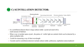  In a scintillation detector there is large sodium iodide crystal activated with a
small amount of thallium
 When x-ray is incident upon crystal , the pulses of visible light are emitted which can be detected by a
photo multiplier tube
 Useful for measuring x-ray of short wavelength
 Crystals used in scintillation detectors include sodium iodide ,anthracene, napthalene and p-terphenol
XRD C) SCINTILLATION DETECTOR:
27
 