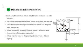 :
 When x-ray falls on silicon lithium drifted detector an electron (-e) and a
hole (+e)
 Pure silicon made up with thin film of lithium metal plated onto one end
 Under the influence of voltage electrons moves towards +ve charge and
holes towards –ve
 Voltage generated is measure of the x-ray intensity falling on crystal
 Upon arriving at lithium pulse is generated
 Voltage of pulse=q/c; q-tot charge collected on electrode, c-detector
capacity.
XRD D) Semi-conductor detectors
28
 