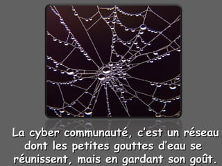 La cyber communautLa cyber communautéé, c’est un r, c’est un rééseauseau
dont les petites gouttes d’eau sedont les petites gouttes d’eau se
rrééunissent, mais en gardant son goût.unissent, mais en gardant son goût.
 