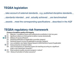 TEQSA legislation
...take account of external standards.. e.g. published discipline standards...

...standards intended ...and ..actually achieved ....are benchmarked

...awards ...meet the corresponding specifications ...described in the AQF


TEQSA regulatory risk framework
 