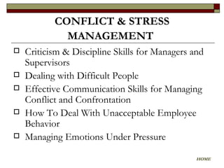 Criticism & Discipline Skills for Managers and Supervisors  Dealing with Difficult People Effective Communication Skills for Managing Conflict and Confrontation How To Deal With Unacceptable Employee Behavior Managing Emotions Under Pressure CONFLICT & STRESS MANAGEMENT   HOME 
