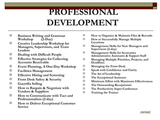 Business Writing and Grammar Workshop  (2-Day)  Creative Leadership Workshop for Managers, Supervisors, and Team Leaders Dealing with Difficult People Effective Strategies for Collecting Accounts Receivable Event Planning, A One-Day Workshop Facilities Management  Effective Hiring and Screening Front Desk Safety & Security Guerrilla Selling How to Bargain & Negotiate with Vendors & Suppliers How to Communicate with Tact and Professionalism (2-day) How to Deliver Exceptional Customer Service How to Organize & Maintain Files & Records How to Successfully Manage Multiple Locations Management Skills for New Managers and Supervisors (2-day) Management Skills for Secretaries Administrative Assistants & Support Staff Managing Multiple Priorities, Projects, and Deadlines Managing the Front Desk Speak with Confidence and Clarity The Art of Leadership  The Exceptional Assistant  Minimum Effort with Maximum Effectiveness The Outstanding Receptionist  The Productivity Super Conference Training the Trainer  PROFESSIONAL DEVELOPMENT   HOME 