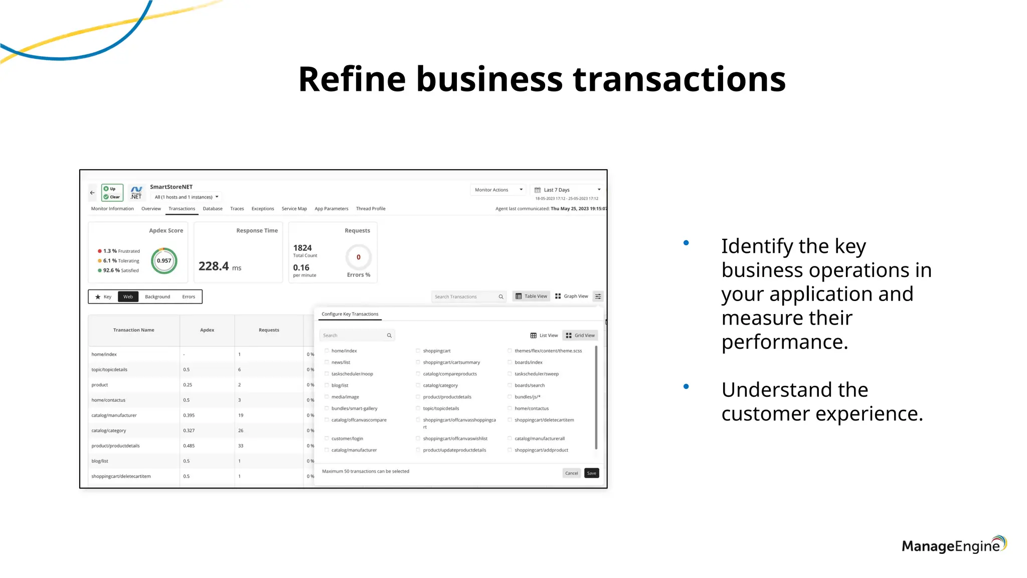 Refine business transactions
• Identify the key
business operations in
your application and
measure their
performance.
• Understand the
customer experience.
 