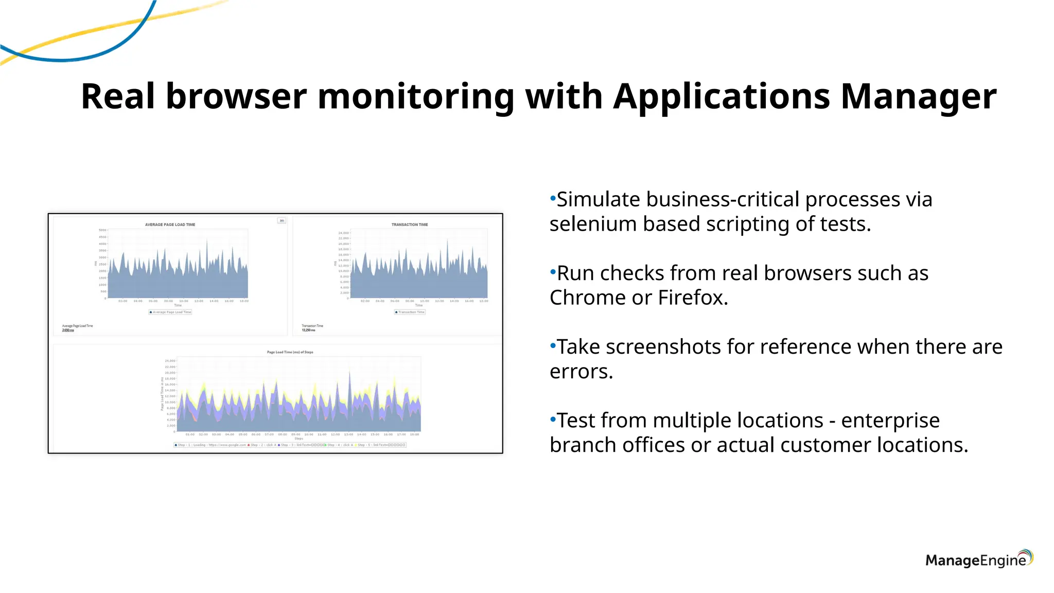 Real browser monitoring with Applications Manager
•Simulate business-critical processes via
selenium based scripting of tests.
•Run checks from real browsers such as
Chrome or Firefox.
•Take screenshots for reference when there are
errors.
•Test from multiple locations - enterprise
branch offices or actual customer locations.
 