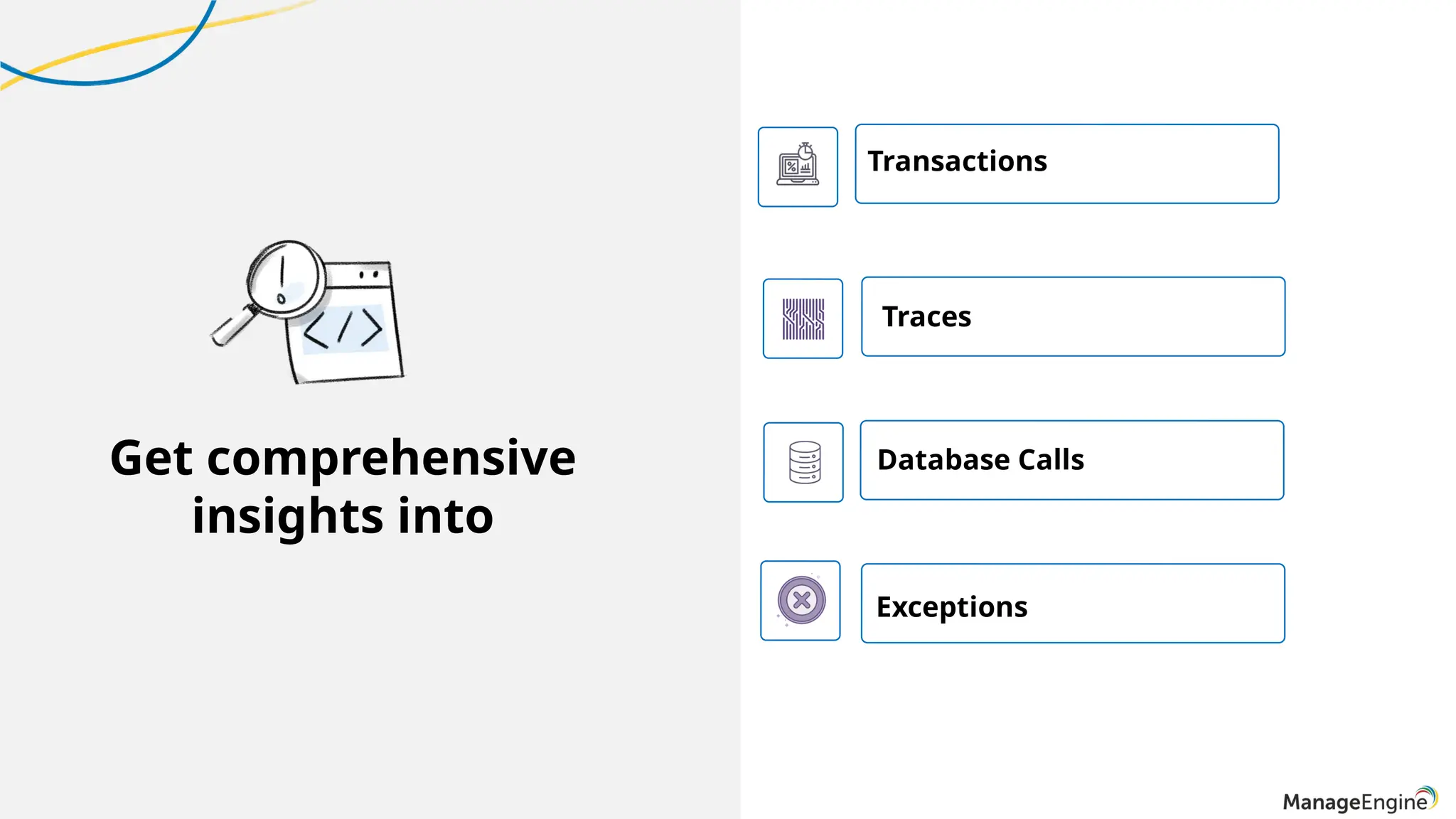 Get comprehensive
insights into
Transactions
Database Calls
Traces
Exceptions
 
