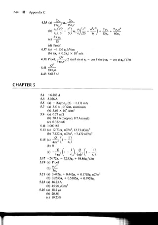 744   •   Appendix C

                                2po          2p0
                 4.35 (a)
                               I5eor2   n
                                            I5eor
                                            1)            Psdr--^       2p o    1 poa
                         (b)                     &r
                                             5 J ' e o V20      6       15eo     60sn
                         (c)
                            15
                      (d) Proof
                 4.37 (a) -1.136 a^kV/m
                      (b) (a, + 0.2a^) X 107 m/s
                 4.39 Proof,                (2 sin 0 sin 0 a r - cos 0 sin <t> ae - cos 0 a^) V/m

                 4.41

                 4.43 6.612 nJ


CHAPTER 5

                 5.1      -6.283 A
                 5.3     5.026 A
                 5.5     (a) - 16ryz eo, (b) -1.131 mA
                 5.7     (a) 3.5 X 107 S/m, aluminum
                         (b) 5.66 X 106A/m2
                5.9      (a) 0.27 mil
                         (b) 50.3 A (copper), 9.7 A (steel)
                         (c) 0.322 mfi
                5.11     1.000182
                5.13    (a) 12.73zaznC/m2, 12.73 nC/m3
                        (b) 7.427zaz nC/m2, -7.472 nC/m3
                                          1
                5.15    (a)
                             4?rr2
                        (b) 0
                                 e                Q
                        (o                      4-Kb2
                5.17    -24.72a* - 32.95ay + 98.86a, V/m
                5.19    (a) Proof
                        ( b ) ^
                5.21 (a)     0.442a* + 0.442ay + 0.1768aznC/m2
                     (b)     0.2653a* + 0.5305ay + 0.7958a,
                5.23 (a)     46.23 A
                     (b)     45.98 ,uC/m3
                5.25 (a)     18.2^
                     (b)     20.58
                     (c)     19.23%
 