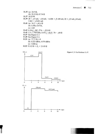 APPENDIX C           753

 11.35 (a) 24.5 0 ,
         (b) 55.33 Cl, 61.1A £1
11.37 10.25 W
11.39 20 + yl5 mS, -7IO mS, -6.408 + j5.189 mS, 20 + J15 mSJIO mS,
      2.461 + j5.691 mS
11.41 (a) 34.2 +741.4 0
      (b) 0.38X, 0.473X,
      (c) 2.65
11.43 4, 0.6/-90 0 , 27.6 - y52.8 Q
11.45 2.11, 1.764 GHz, 0.357/-44.5 0 , 70 - j40 0
11.47 See Figure C.3.
11.49 See Figure C.4.
11.51 (a) 77.77 (1, 1.8
      (b) 0.223 dB/m, 4.974 dB/m
      (c) 3.848 m
11.53 9.112 Q < Z O < 21.030


V(0,t)                14.4 V                                       Figure C.3 For Problem 11.47.
           12 V




                                  2.4 V
                                                 2.28 V
                                                          t (us)
                                                     10


                  150 mA
                                          142.5 mA




                                                     10
 
