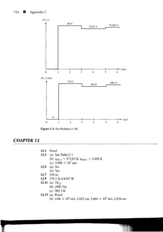 754   II   Appendix C

                  V(ht)
                                        80 V
                                                                75.026 V
                                                     74.67 V




                                                                           t (us)
                    0

                 /(1,0 mA
                                        533.3
                                                                500.17
                                                      497.8




                            0
                                                                      -+-*• t (us)
                    0           1   2            3

                 Figure C.4 For Problem 11.49.



CHAPTER 12

                 12.1 Proof
                 12.3  (a) See Table C.I
                       (b) i7 TEn = 573.83 Q, r/TM15 = 3.058 fi
                                       7
                       (c) 3.096 X 10 m/s
                 12.5 (a) No
                       (b) Yes
                 12.7 43CIns
                 12.9 375 AQ, 0.8347 W
                 12.11 (a) TE 23
                       (b) y400.7/m
                       (c) 985.3 0
                 12.13 (a) Proof
                                     8                          8
                       (b) 4.06 X 10 m/s, 2.023 cm, 5.669 X 10 m/s, 2.834 cm
 