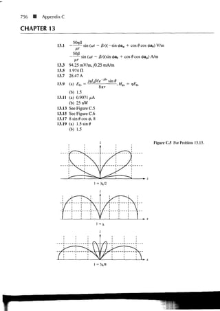 756   M   Appendix C

CHAPTER 13

                13.1              sin (w? - /3r)(-sin <Aa^, + cos 6 cos <t>ae) V/m
                         Cf/D

                                 sin (oit - 0r)(sin <j>&6 + cos 8 cos   A/m
                          fir
                13.3   94.25 mV/m, jO.25 mA/m
                13.5   1.974 fl
                13.7   28.47 A
                                  jnh^e'i0r sinfl
                13.9   (a) £ fe =       t      f              fi
                                           OTT?'
                      (b) 1.5
                13.11 (a) 0.9071 /xA
                      (b) 25 nW
                13.13 See Figure C.5
                13.15 See Figure C.6
                13.17 8 sin 6 cos <t>, 8
                13.19 (a) 1.5 sin 0
                      (b) 1.5


                                                                         Figure C.5 For Problem 13.13.




                                        1 = 3X/2




                                         1=X




                                        1 = 5x/8
 
