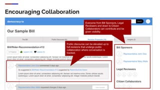 Encouraging Collaboration
Public discourse can be elevated up to
full revisions that undergo public
collaboration where conversation is
tracked.
Everyone from Bill Sponsors, Legal
Reviewers and down to Citizen
Collaborators can contribute and be
given visibility.
 