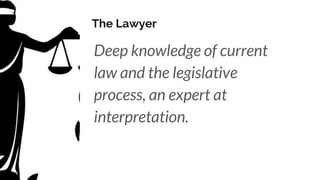 The Lawyer
Deep knowledge of current
law and the legislative
process, an expert at
interpretation.
 