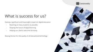 What is success for us?
Having a significant and meaningful impact on digital education
- Reaching as many students as possible
- Shaping the future of digital learning
- Helping our clients save time & money
Raising the bar for the quality of all educational technology
 