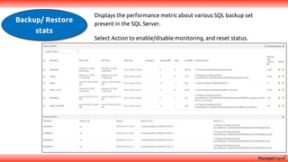 Backup/ Restore
stats
Displays the performance metric about various SQL backup set
present in the SQL Server.
Select Action to enable/disable monitoring, and reset status.
 