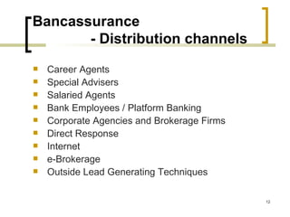 Bancassurance
       - Distribution channels
   Career Agents
   Special Advisers
   Salaried Agents
   Bank Employees / Platform Banking
   Corporate Agencies and Brokerage Firms
   Direct Response
   Internet
   e-Brokerage
   Outside Lead Generating Techniques

                                             12
 