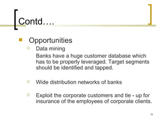 Contd….
   Opportunities
       Data mining
        Banks have a huge customer database which
        has to be properly leveraged. Target segments
        should be identified and tapped.

       Wide distribution networks of banks

       Exploit the corporate customers and tie - up for
        insurance of the employees of corporate clients.

                                                        16
 