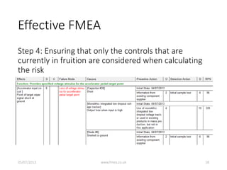 Effective FMEA
Step 4: Ensuring that only the controls that are
currently in fruition are considered when calculating
the risk
05/07/2013 www.fmea.co.uk 18
 