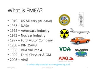 What is FMEA?
• 1949 – US Military (MIL-P-1649)
• 1963 – NASA
• 1965 – Aerospace Industry
• 1975 – Nuclear Industry
• 1977 – Ford Motor Company
• 1980 – DIN 25448
• 1986 – VDA Volume 4
• 1992 – Ford, Chrysler & GM
• 2008 – AIAG
Is universally accepted as an engineering tool
05/07/2013 www.fmea.co.uk 5
 