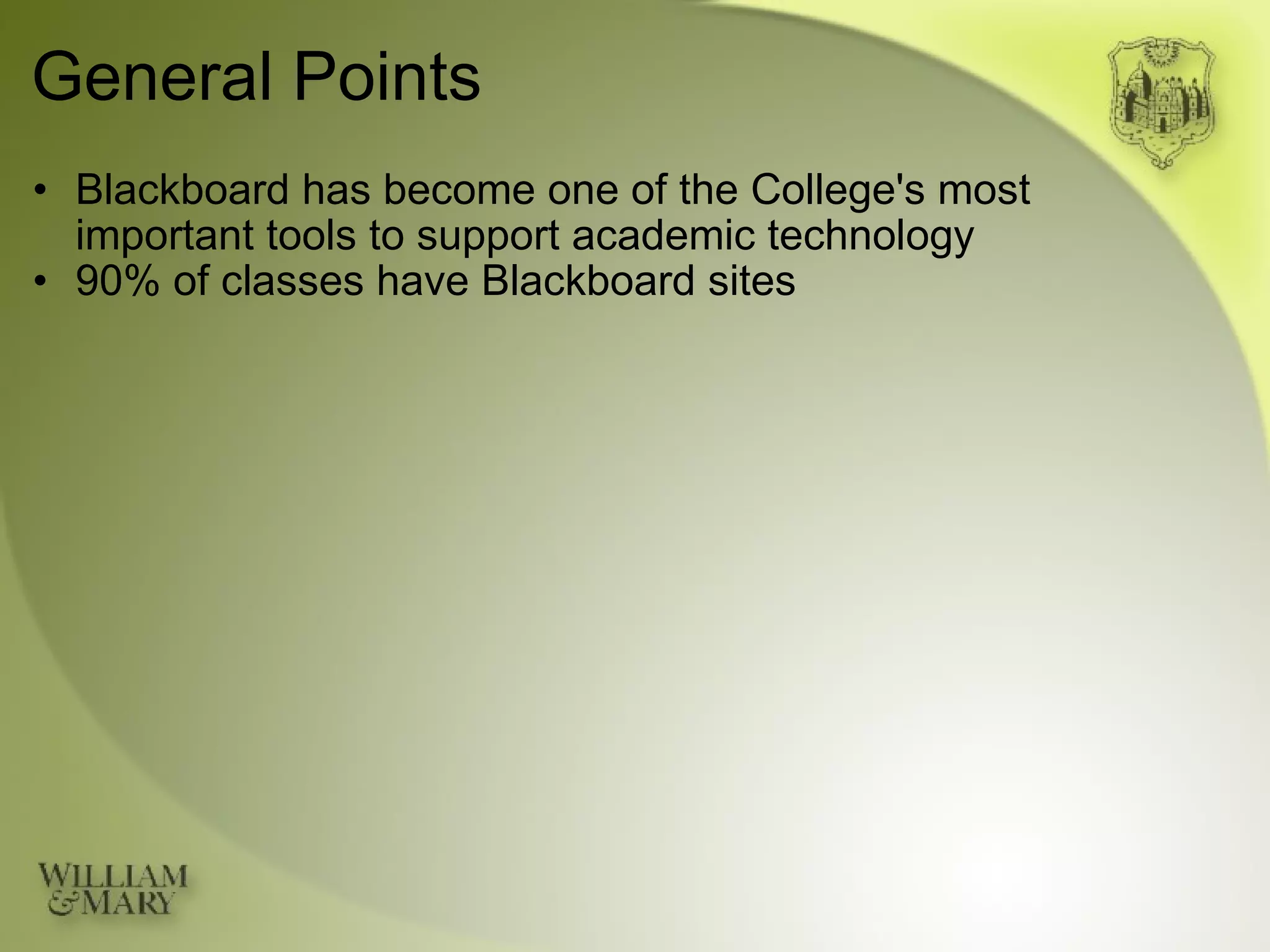 General Points Blackboard has become one of the College's most  important tools to support academic technology 90% of classes have Blackboard sites 
