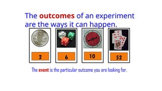 The outcomes of an experiment
are the ways it can happen.
The event is the particular outcome you are looking for.
6 10
2 52
 