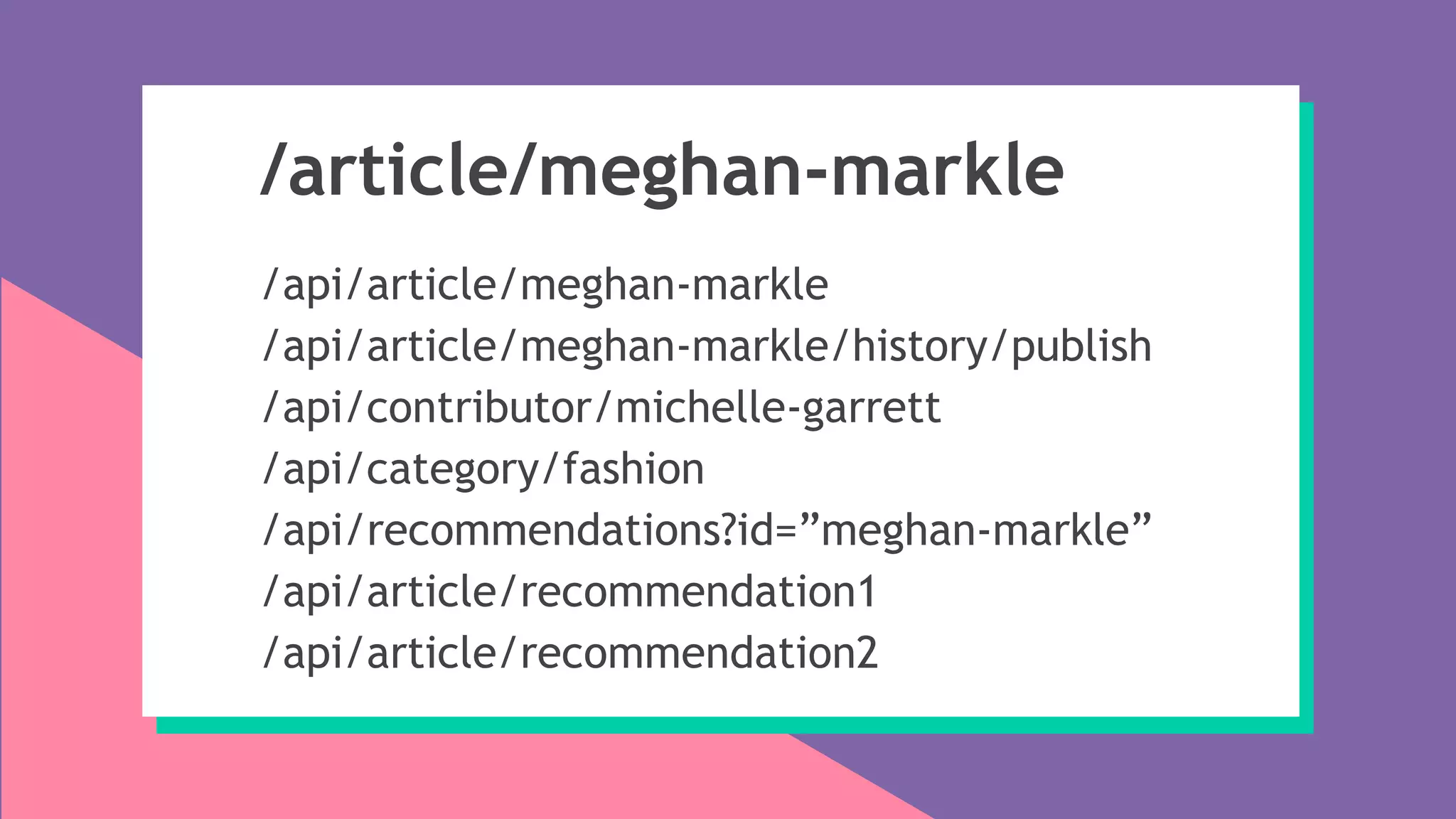 /article/meghan-markle
/api/article/meghan-markle
/api/article/meghan-markle/history/publish
/api/contributor/michelle-garrett
/api/category/fashion
/api/recommendations?id=”meghan-markle”
/api/article/recommendation1
/api/article/recommendation2
 