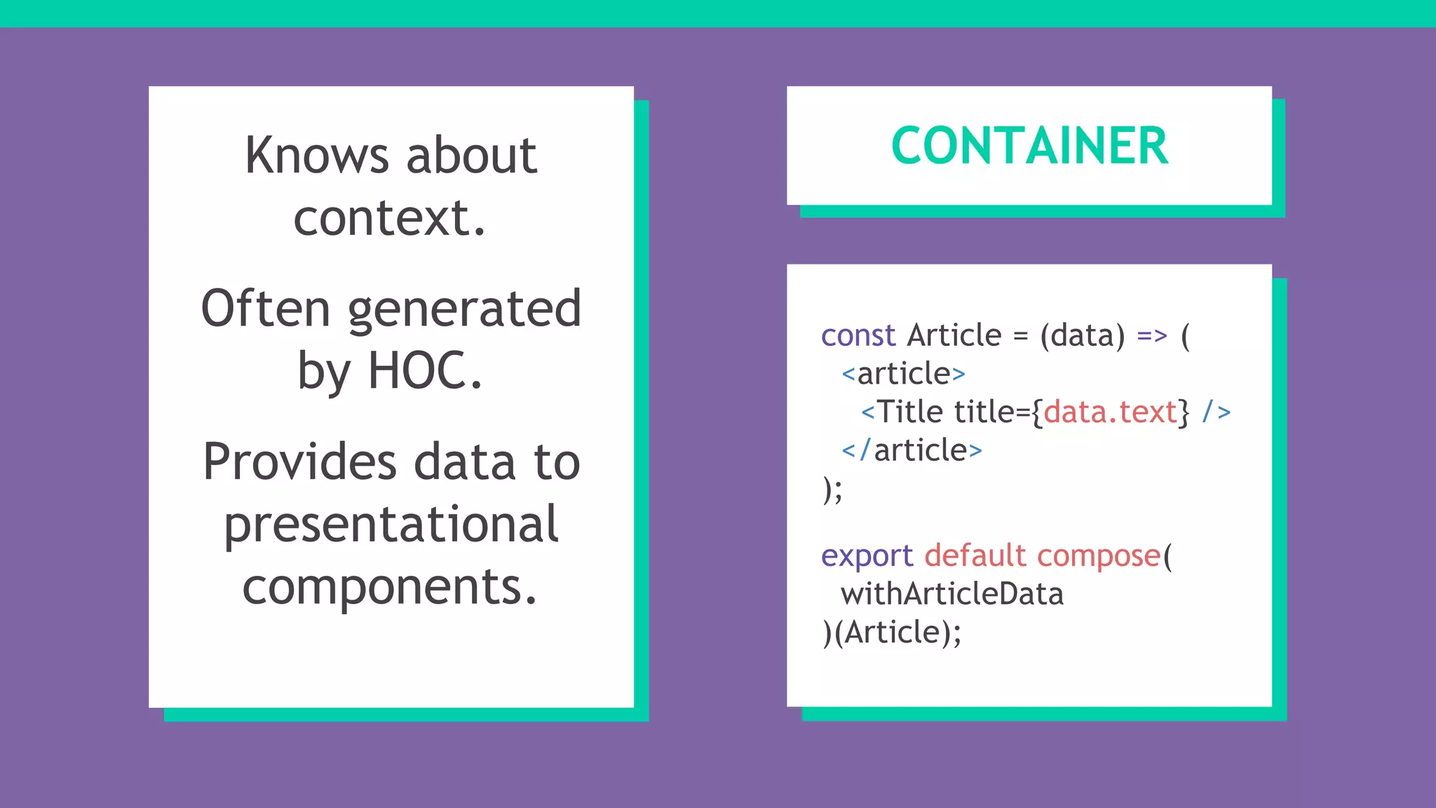 CONTAINERKnows about
context.
Often generated
by HOC.
Provides data to
presentational
components.
const Article = (data) => (
<article>
<Title title={data.text} />
</article>
);
export default compose(
withArticleData
)(Article);
 