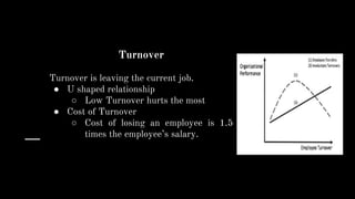 Turnover
Turnover is leaving the current job.
● U shaped relationship
○ Low Turnover hurts the most
● Cost of Turnover
○ Cost of losing an employee is 1.5
times the employee’s salary.
 