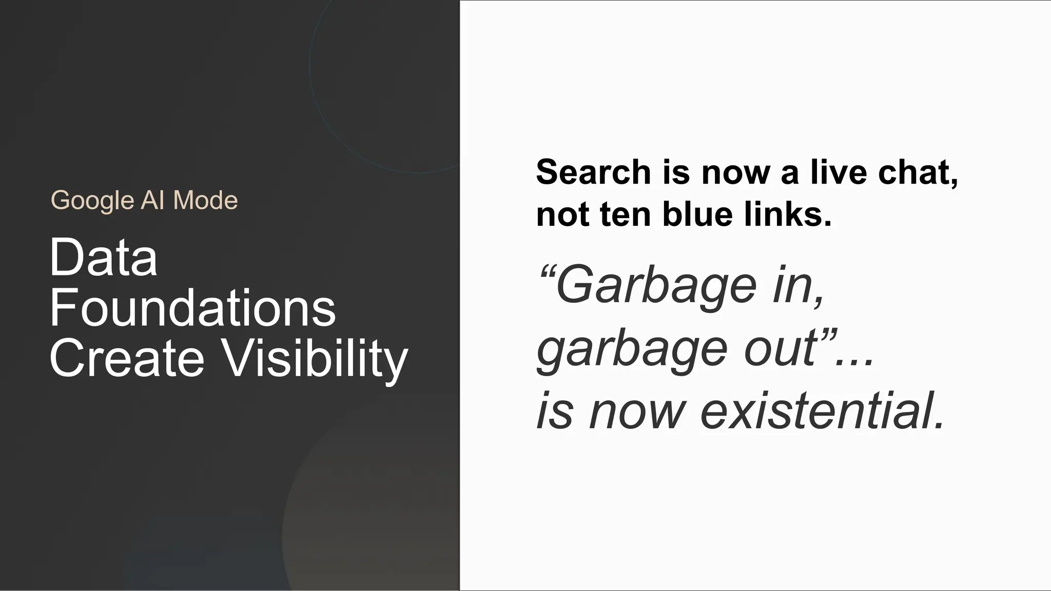 Search is now a live chat,
not ten blue links.
“Garbage in,
garbage out”...
is now existential.
Data
Foundations
Create Visibility
Google AI Mode
 