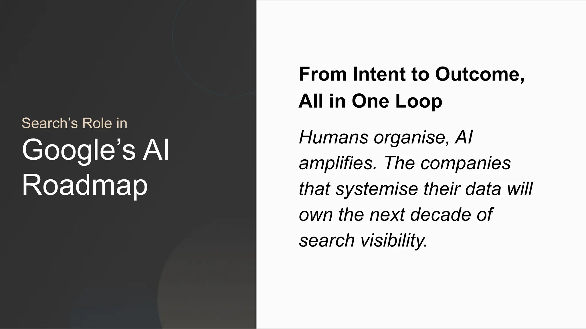 Search’s Role in
Google’s AI
Roadmap
From Intent to Outcome,
All in One Loop
Humans organise, AI
amplifies. The companies
that systemise their data will
own the next decade of
search visibility.
 