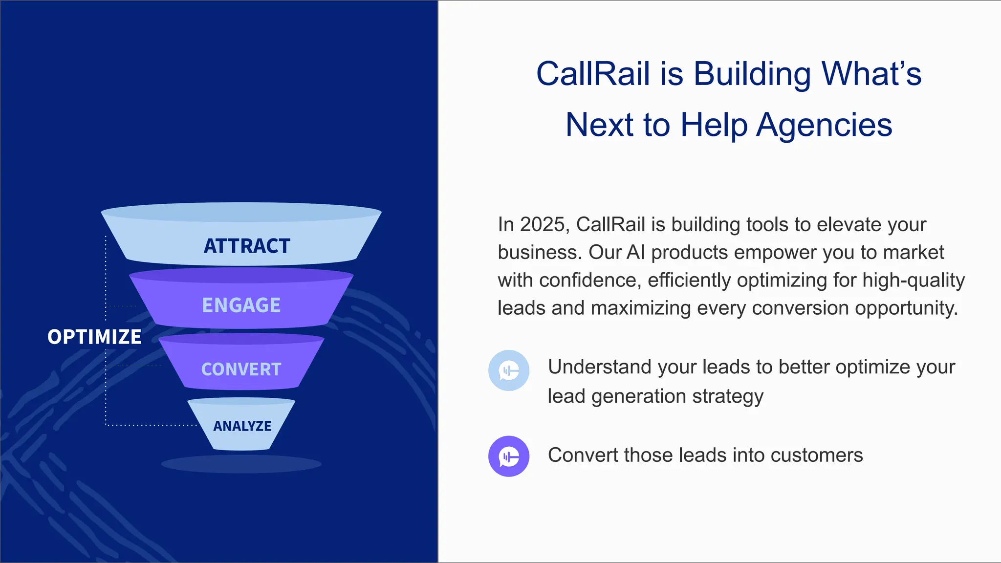 ATTRACT
ENGAGE
ANALYZE
CONVERT
OPTIMIZE
In 2025, CallRail is building tools to elevate your
business. Our AI products empower you to market
with confidence, efficiently optimizing for high-quality
leads and maximizing every conversion opportunity.
1. Understand your leads to better optimize your
lead generation strategy
2. Convert those leads into customers
CallRail is Building What’s
Next to Help Agencies
 