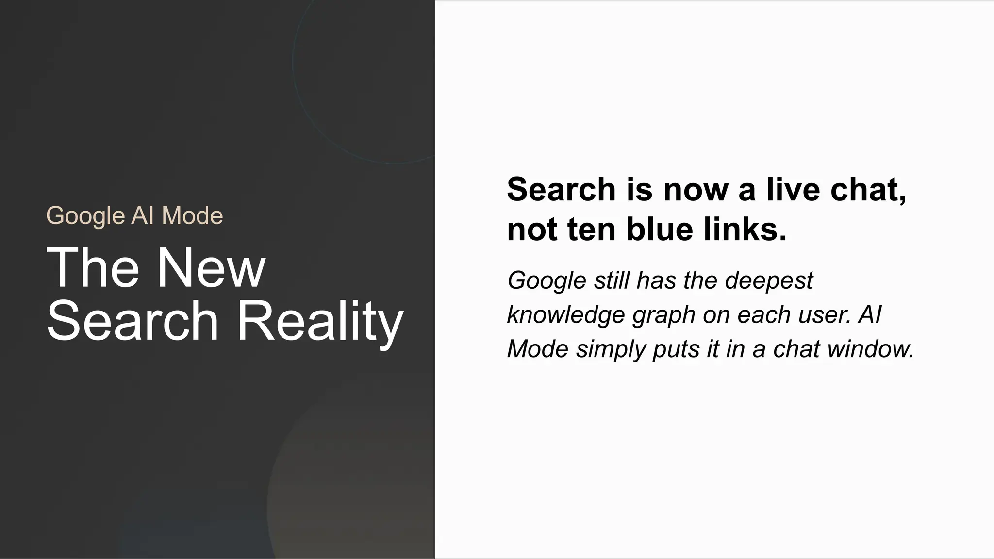 Google AI Mode
Search is now a live chat,
not ten blue links.
Google still has the deepest
knowledge graph on each user. AI
Mode simply puts it in a chat window.
The New
Search Reality
 