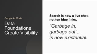 Search is now a live chat,
not ten blue links.
“Garbage in,
garbage out”...
is now existential.
Data
Foundations
Create Visibility
Google AI Mode
 