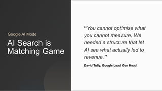 AI Search is
Matching Game
“You cannot optimise what
you cannot measure. We
needed a structure that let
AI see what actually led to
revenue.”
David Tully, Google Lead Gen Head
Google AI Mode
 