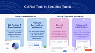 CallRail Tools in Einstein’s Toolkit
Call Tracking &
Form Tracking
Know exactly what drives
your calls and which
marketing campaigns
perform best.
Premium
Conversation
Intelligence
Get automated, detailed
conversation analysis,
with automatic lead
qualification and call
categorization.
AI tool
UNLOCK DATA BLIND SPOTS
Convert
Assist
Get coaching, action
plans, and pre-written
conversation follow ups
for actionable guidance.
Voice Assist
(NEW! In Beta)
Never miss a lead again
with an AI voice assistant
that answers, captures,
and qualifies inbound
calls 24/7.
AI tool AI tool
HOT LEAD
UNLOCK CONVERSION AUTOMATION
 