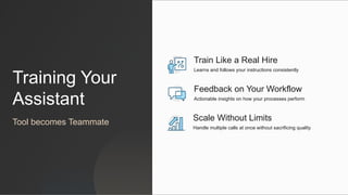 Training Your
Assistant
Scale Without Limits
Handle multiple calls at once without sacrificing quality
Feedback on Your Workflow
Actionable insights on how your processes perform
Train Like a Real Hire
Learns and follows your instructions consistently
Tool becomes Teammate
 